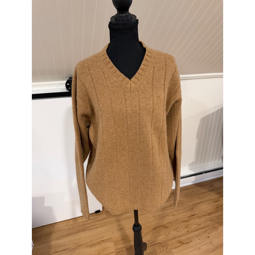 J.Crew Womens V-Neck Sweater Medium Brown 100% Lambswool Ribbed Knit Pullover